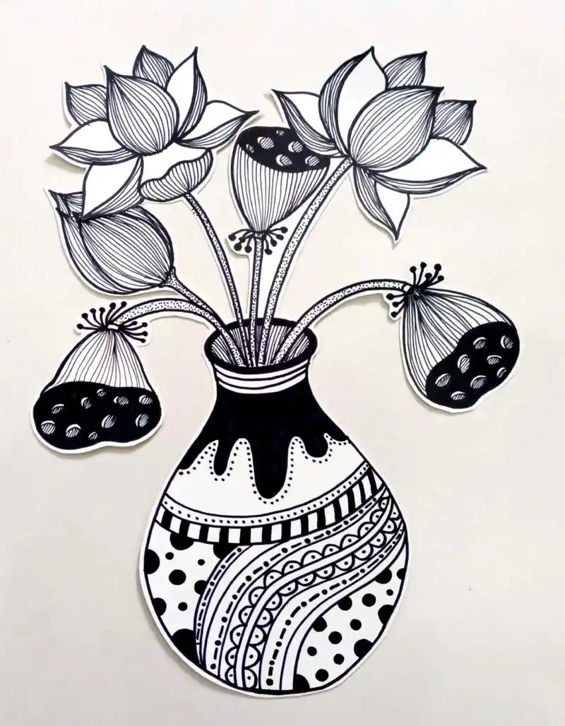 儿童画荷花,荷花线描,花瓶里的荷花 适合年龄:8—12岁 教学目标: 1