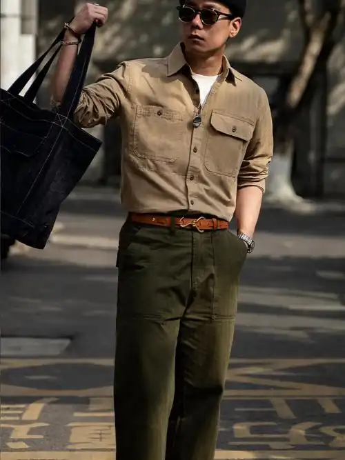 硬汉男士夏季工程师衬衣外套阿美咔叽美式复古军绿色长袖工装衬衫