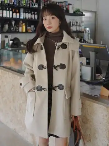 韩版牛角扣小个子毛呢外套女22年秋冬新款英伦风感呢子大衣米白色m