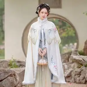 黛烟原创正品斗篷汉服女加绒加厚中国风白色披肩外套古装披风秋冬
