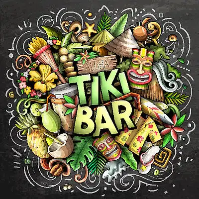 带有元素和对象的手写文本.黑板组成.蒂基酒吧手绘卡通涂鸦插图.