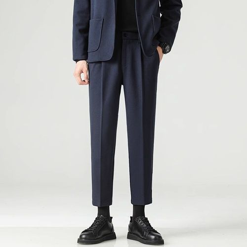男士裤子痞帅轻熟风修身直筒松紧腰小西装毛呢裤子
