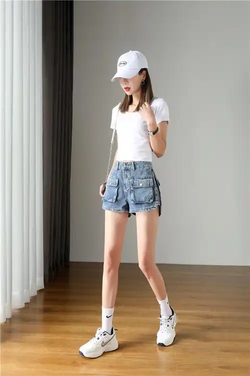 春夏高腰牛仔裤直筒裤女大码性感口袋超短裤热裤黑色蓝色薄j-3211