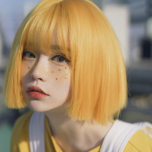 特价短发假发圆脸蓬松修脸_假发女短发橙色黄头发自然少女网红lolita