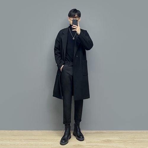 潮男穿搭秋冬中长款帅毛呢大衣韩版宽松轻熟风外套 - 轻熟风男装搭配