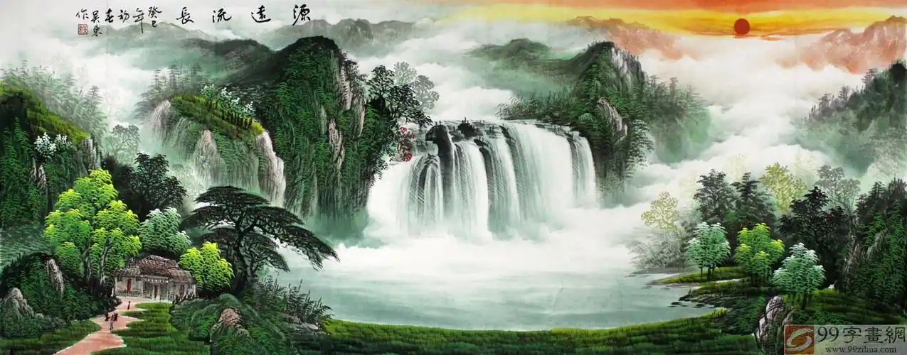 【已售】吴东小六尺聚宝盆山水画《源远流长》