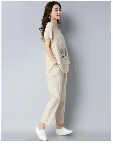 2018新款大码宽松休闲棉麻水墨印花上衣9分裤两件套套装女