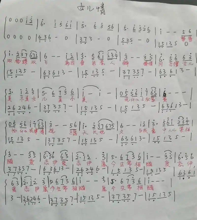 《女儿情》简谱 零基础自学中,请大家指教