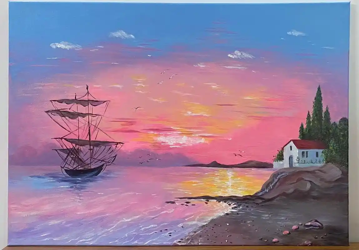 落日和大海.纯手绘丙烯画,油画布上画的,50×70厘米,带内 - 抖音