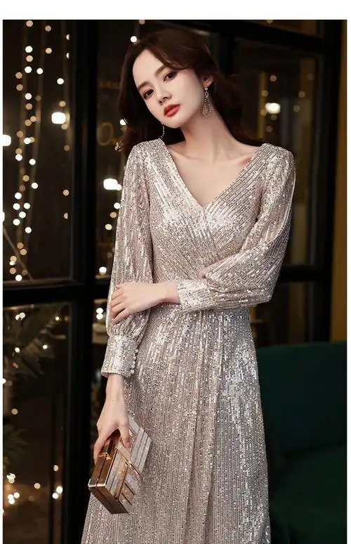 主持人礼服2021新款香槟色轻奢高级质感名媛宴会大合唱晚礼服显瘦