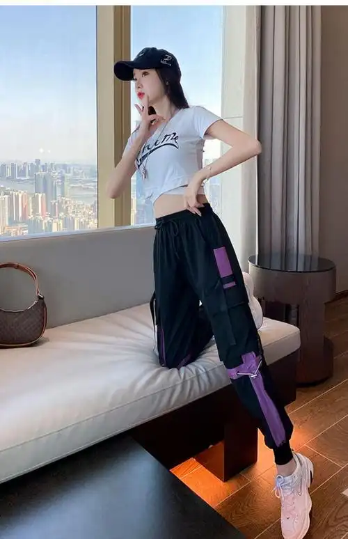 运动裤女年新款春夏高腰显瘦束脚裤子宽松百搭休闲裤潮f285黑紫l