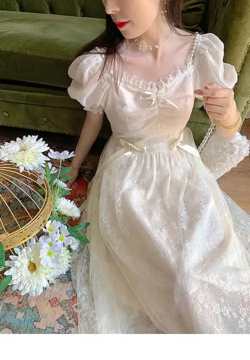 御阅泡泡袖蝴蝶结公主裙夏季法式仙森系蕾丝珍珠仙女裙中长款连衣裙