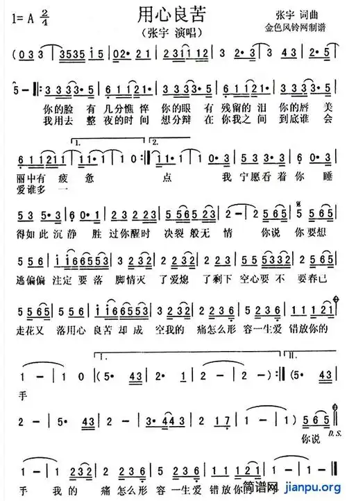 《用心良苦》(张宇演唱)_歌谱简谱_歌词简介_曲谱资料
