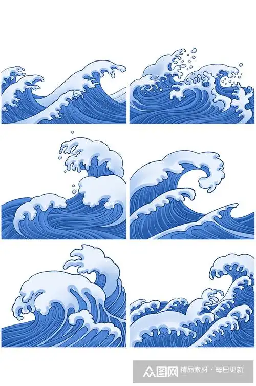 浮世绘海浪装饰插画蓝色浪花展板