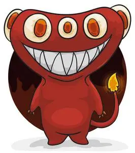 红色调皮的小鬼带着恐怖的微笑,许多眼睛和火在它的尾巴尖.照片