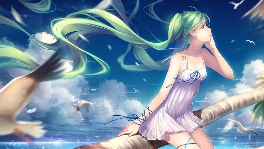 初音未来,绿色的头发动漫女孩,海鸥,海 壁纸 - 1920x1080