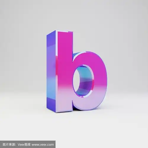 3d字母b小写.渲染多色金属字体与光泽反射和阴影孤立的白色背景.