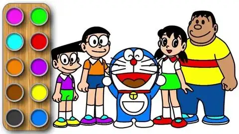 儿童彩色绘画,大雄和哆啦a梦的全家福