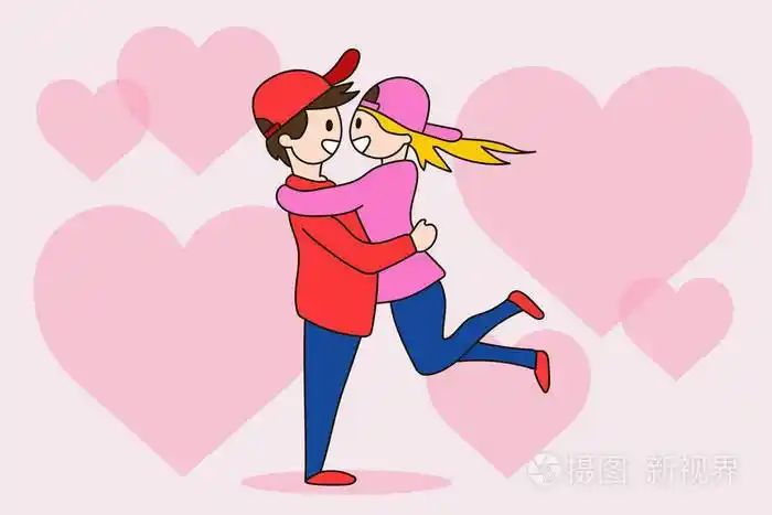 男孩拥抱女孩笑着可爱的年轻夫妇相爱男人男朋友举起女人女朋友粉红色