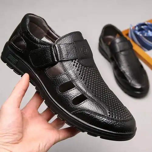 纯牛皮穿坏包赔夏季镂空透气凉皮鞋男士真皮软底皮凉鞋男