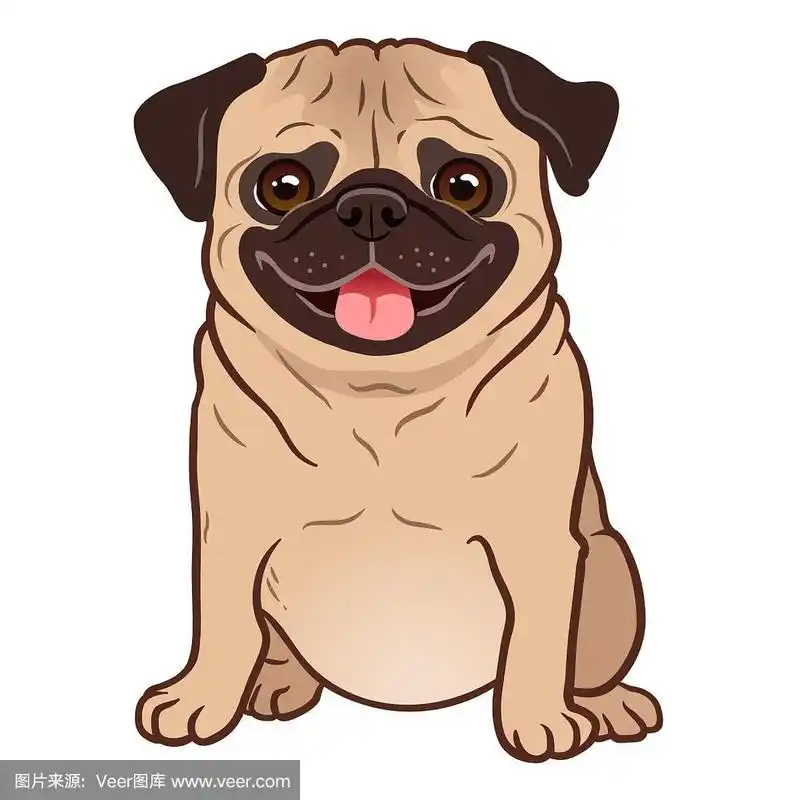 哈巴狗卡通插图.可爱友好的胖乎乎的小鹿坐在哈巴狗狗,笑着伸出舌头.