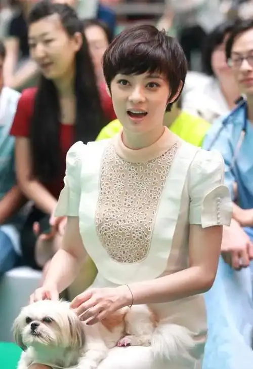 短发孙俪太惊艳俗气荷叶边裙穿出清新甜美与汪星人合影好可爱