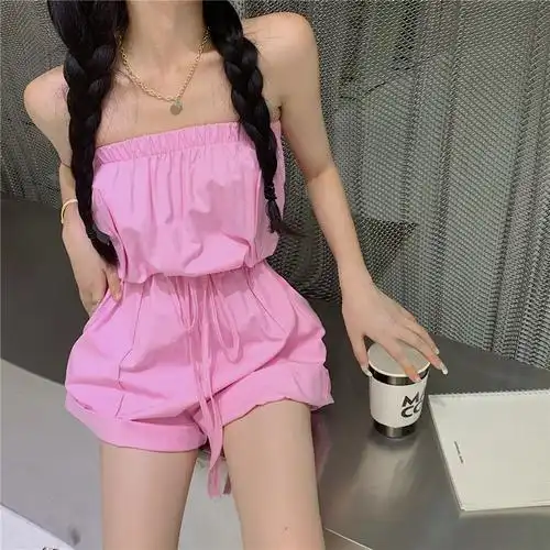 实拍 实价 一字领抹胸连体短裤套装