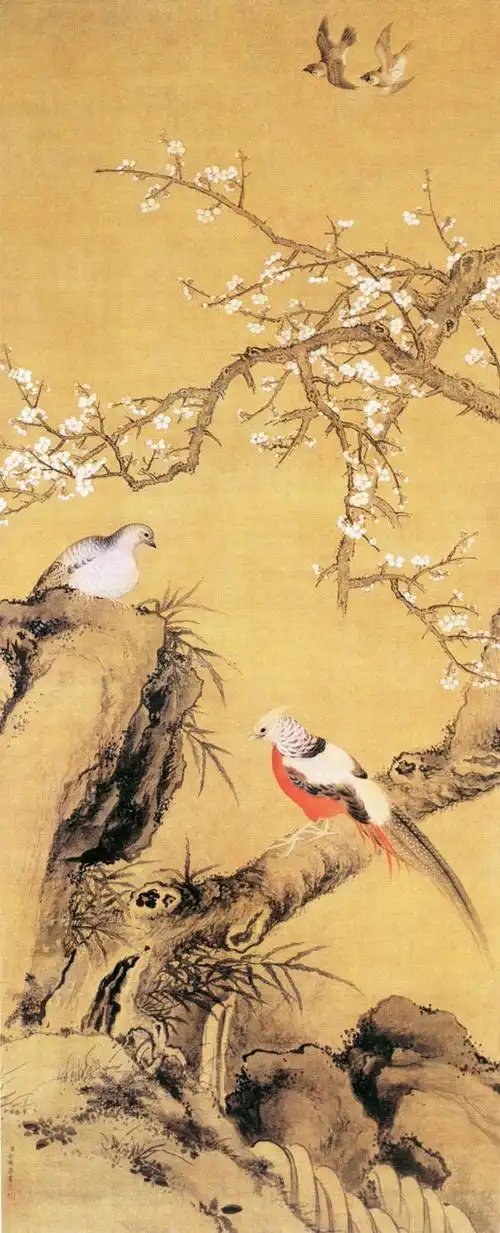 所以他的作品具有工整,艳丽,装饰性极强的特点,是典型的院体画风.