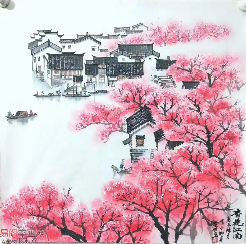 陈胜杰水墨江南山水画《杏花春雨》(作品来源:易阁字画)