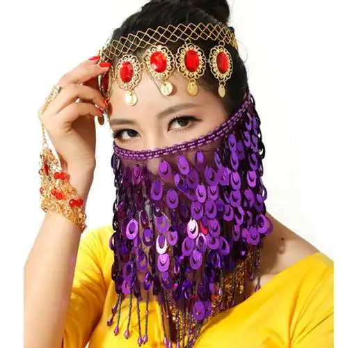 肚皮舞凤尾面沙 表演出饰品孔雀片面纱 印度肚皮舞蹈面纱巾 深紫色