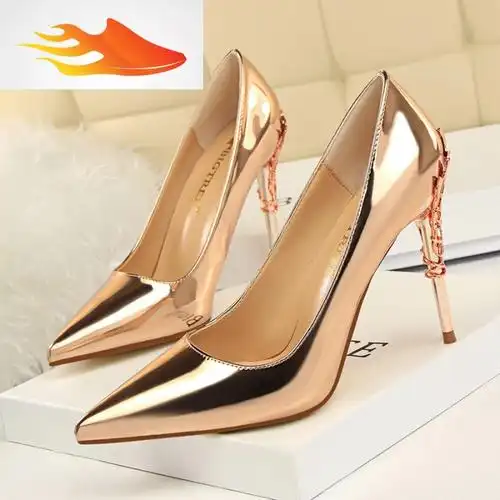 fishbasket欧美风时尚性感金属跟女鞋细跟高跟鞋浅口尖头漆皮显瘦单鞋