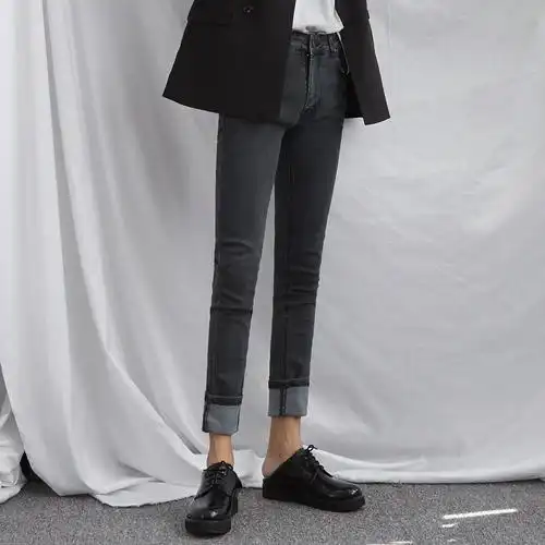 秋冬复古简约百搭加绒加厚休闲黑灰灰色牛仔裤牛仔裤