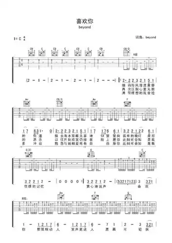 《喜欢你》吉他谱六线谱原版c调-beyond乐队