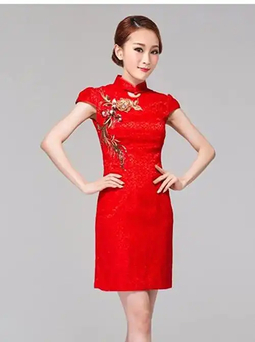 人间丰衣 红色新娘旗袍 结婚敬酒服复古刺绣花短款改良旗袍 雍容高贵