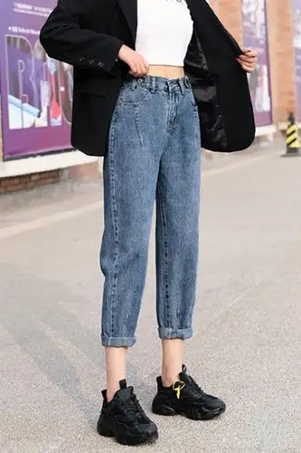 牛仔裤女春秋季松紧腰新款宽松高腰老爹百搭直筒显瘦哈伦直筒裤女