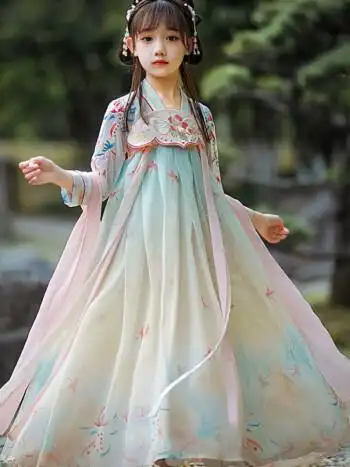 儿童连衣裙公主裙飘逸古代学生汉服襦裙s玉玲珑绿色头花眉心贴披帛110
