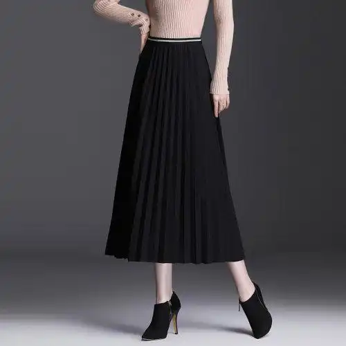 百褶裙女2020秋冬新款黑色半身裙垂感a字中长款高腰显瘦长裙子