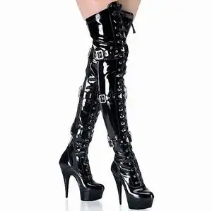 皮带扣夜店模特钢管舞防水台高跟鞋15cm长筒过膝长靴性感恨天高