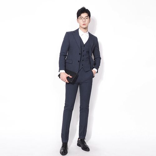 川泽灰蓝色西装三件套男新款韩版修身轻商务西服套装绅士上班男装