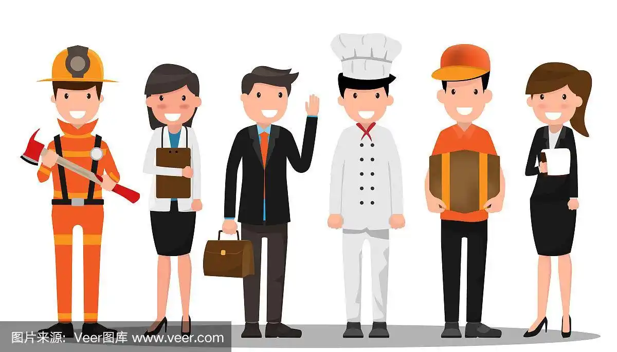 白人背景下的一群不同职业的人.矢量插图.