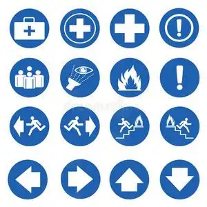 安全出口标识蓝色圆安全符号.矢量照片