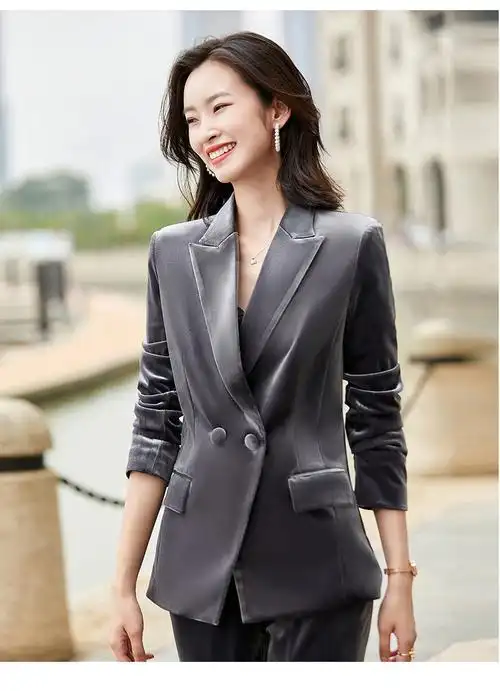 言朔高端金丝绒西装外套女2020秋冬韩版时尚洋气垂感西服套装女两件套