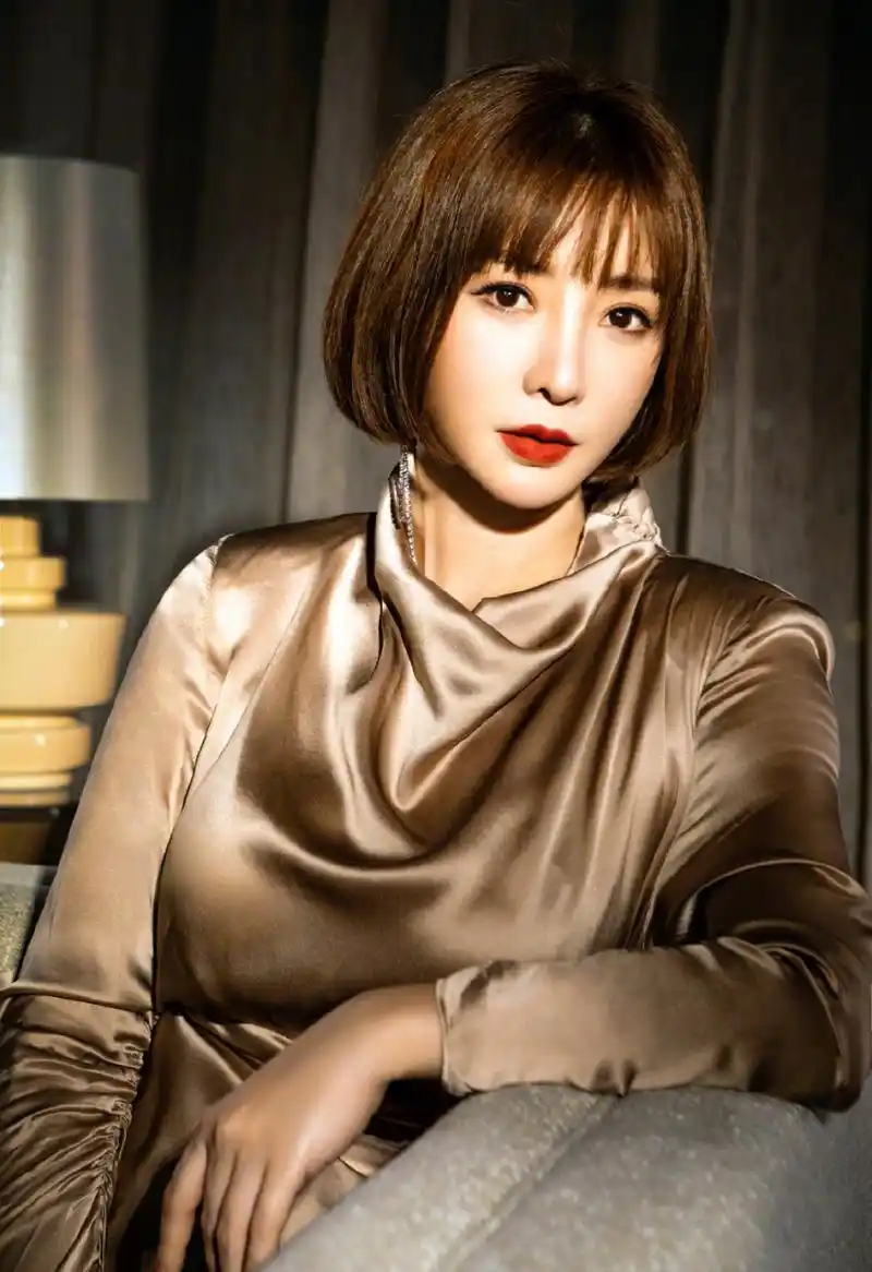 柳岩#晒短发波波头造型,金色丝裙 明艳妆容娇媚十足,但气质大变让人