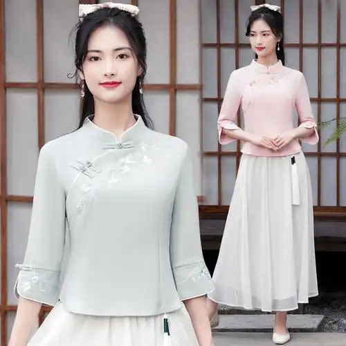 中国风女装新款复古棉麻刺绣改良唐装汉服民族风旗袍上衣采耳