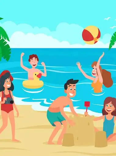 沙堡建筑和夏天海游泳卡通矢量图孩子们海滩在海边沙滩上快乐的孩子们
