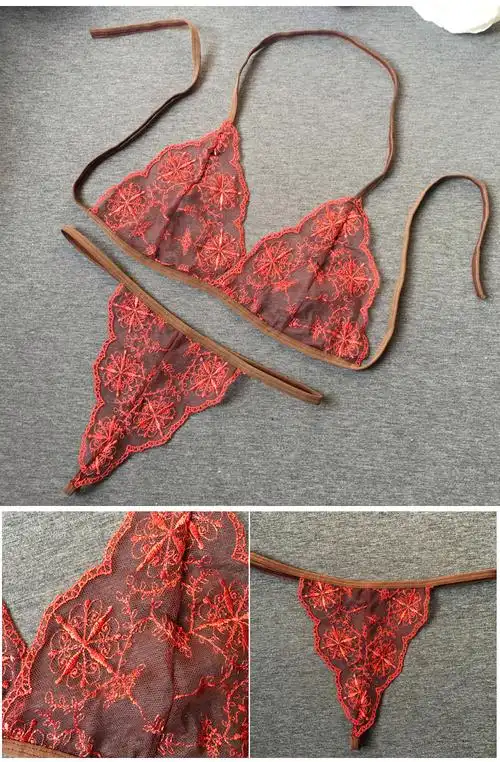 suntek性感三点装透明内衣文胸套装透视三点装刺绣薄款诱惑情趣内衣