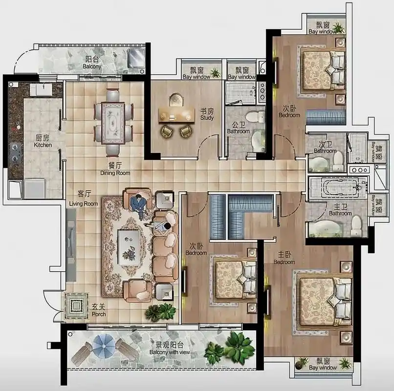 这是一个比较少见的小四房户型,面积166平方米.