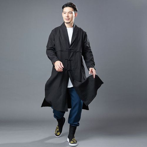 麻凡布衣男装新款宽松苎麻风衣翻领对襟外套中式风衣