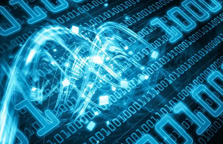 科技蓝色二进制代码上的蓝色光束未来抽象概念背景美好未来