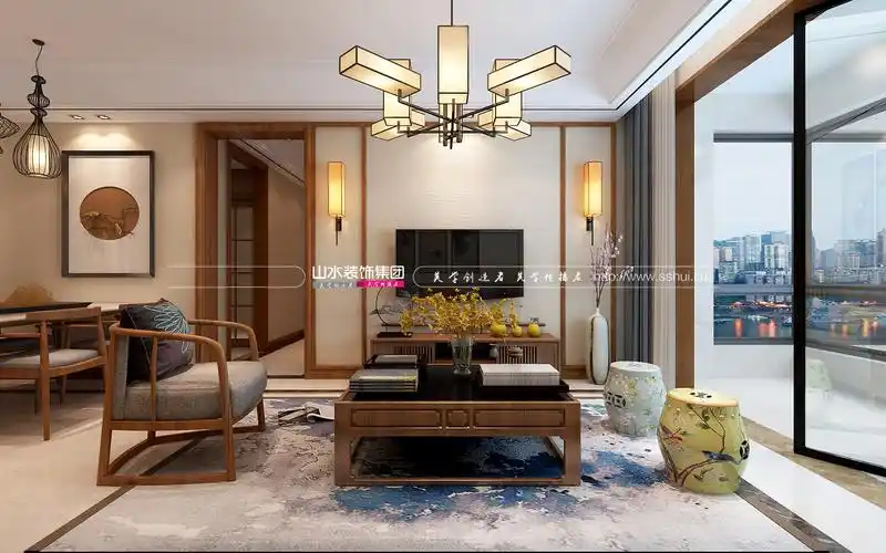新中式风格100平米三居室装修效果图-家装室内装修图片-山水装饰集团